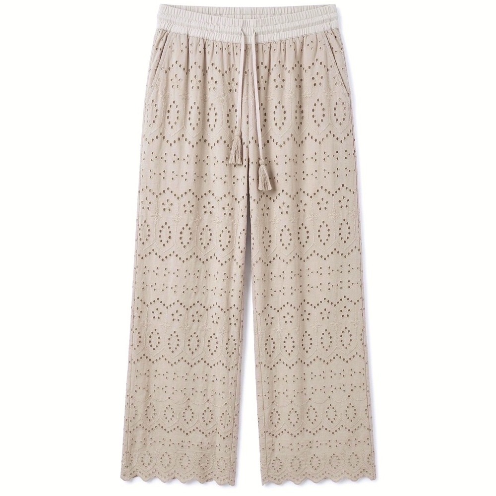 Kyla Seo Beige Cotton Eyelet‎ Pants Cottagecore Coastal Boho Resortwear Size M